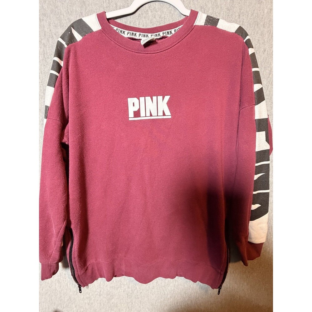 PINK Victoria's Secret Women's S Maroon Striped Sleeve Side Zip Pullover